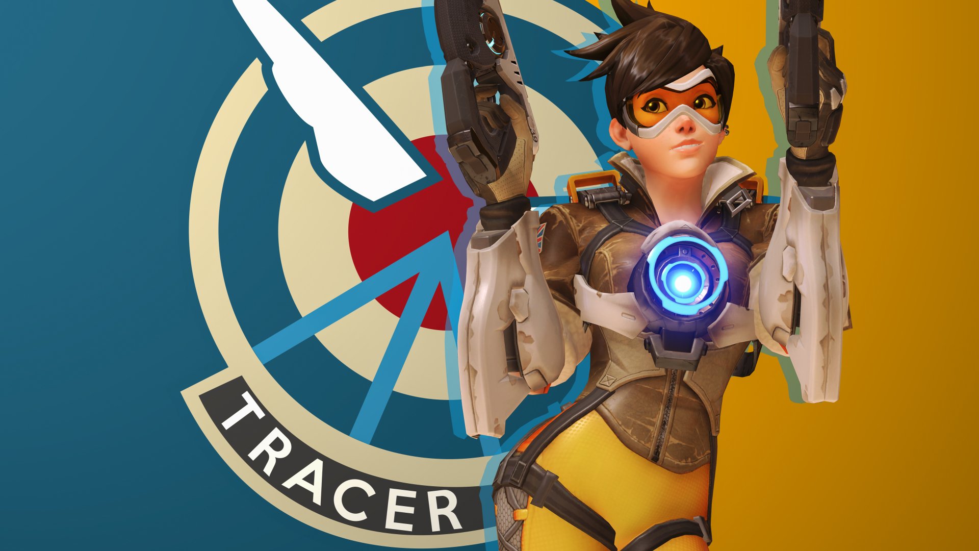 4K Ultra HD PC wallpaper featuring Tracer from the video game Overwatch, showcasing her iconic goggles, dual pulse pistols, and chrono accelerator against a dynamic background.