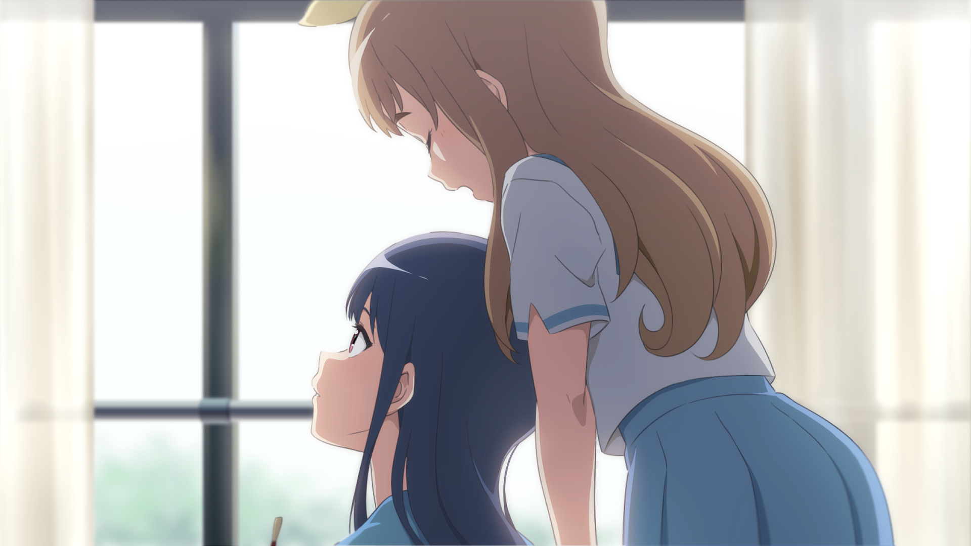 HD PC desktop wallpaper featuring two female characters from the anime Sound! Euphonium, with soft lighting and a serene atmosphere by a window.