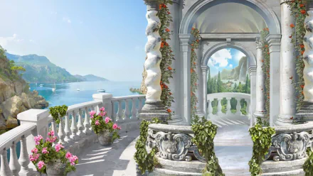 An artistic HD desktop wallpaper featuring a serene terrace with flower-adorned twisted columns and arches overlooking a scenic coastal landscape.