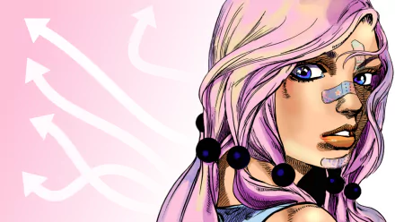 Close-up of Yasuho Hirose from Jojo's Bizarre Adventure: JoJolion, featuring her pink hair and blue eyes against a stylized pink background, showcasing her unique anime art style.