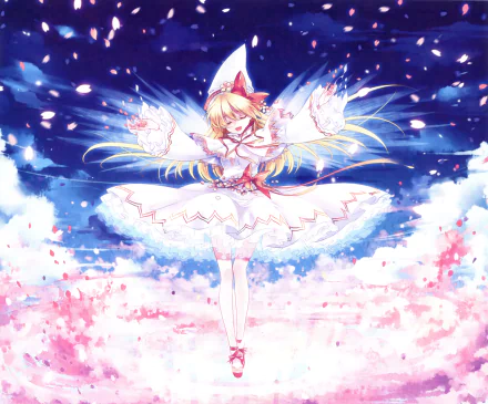 HD anime desktop wallpaper featuring Lily White from Touhou, depicted in a dynamic pose with glowing hands, surrounded by petals and a vibrant, starry sky.