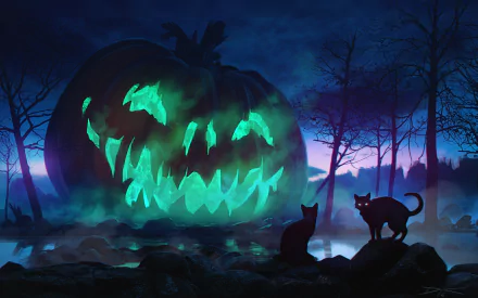 A glowing jack-o'-lantern looms in a dark, foggy landscape, accompanied by two silhouettes of cats, capturing the eerie essence of Halloween night. HD wallpaper for a spooky ambiance.