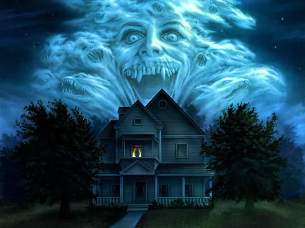 HD PC desktop wallpaper featuring a dark, eerie house beneath a ghostly, menacing vampire face from the 1985 movie Fright Night.