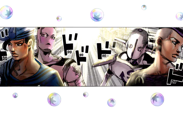 HD PC desktop wallpaper featuring anime characters Josefumi Kujo and Yoshikage Kira from Jojo's Bizarre Adventure, set against a dynamic, stylized background.