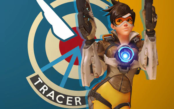 4K Ultra HD PC wallpaper featuring Tracer from the video game Overwatch, showcasing her iconic goggles, dual pulse pistols, and chrono accelerator against a dynamic background.
