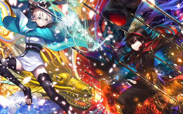 HD PC desktop wallpaper featuring Sakura Saber from the anime Fate/KOHA-ACE in dynamic action with vibrant colors and energetic effects.