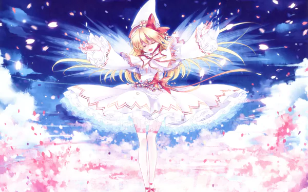 HD anime desktop wallpaper featuring Lily White from Touhou, depicted in a dynamic pose with glowing hands, surrounded by petals and a vibrant, starry sky.