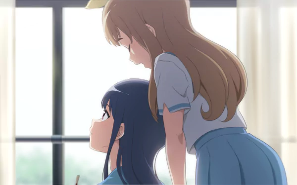 HD PC desktop wallpaper featuring two female characters from the anime Sound! Euphonium, with soft lighting and a serene atmosphere by a window.