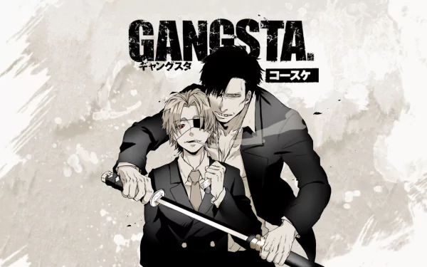 Nicolas Brown and Worick Arcangelo from anime Gangsta pose together—Worick behind Nicolas with a sword. 2K Quad HD PC desktop wallpaper/background.