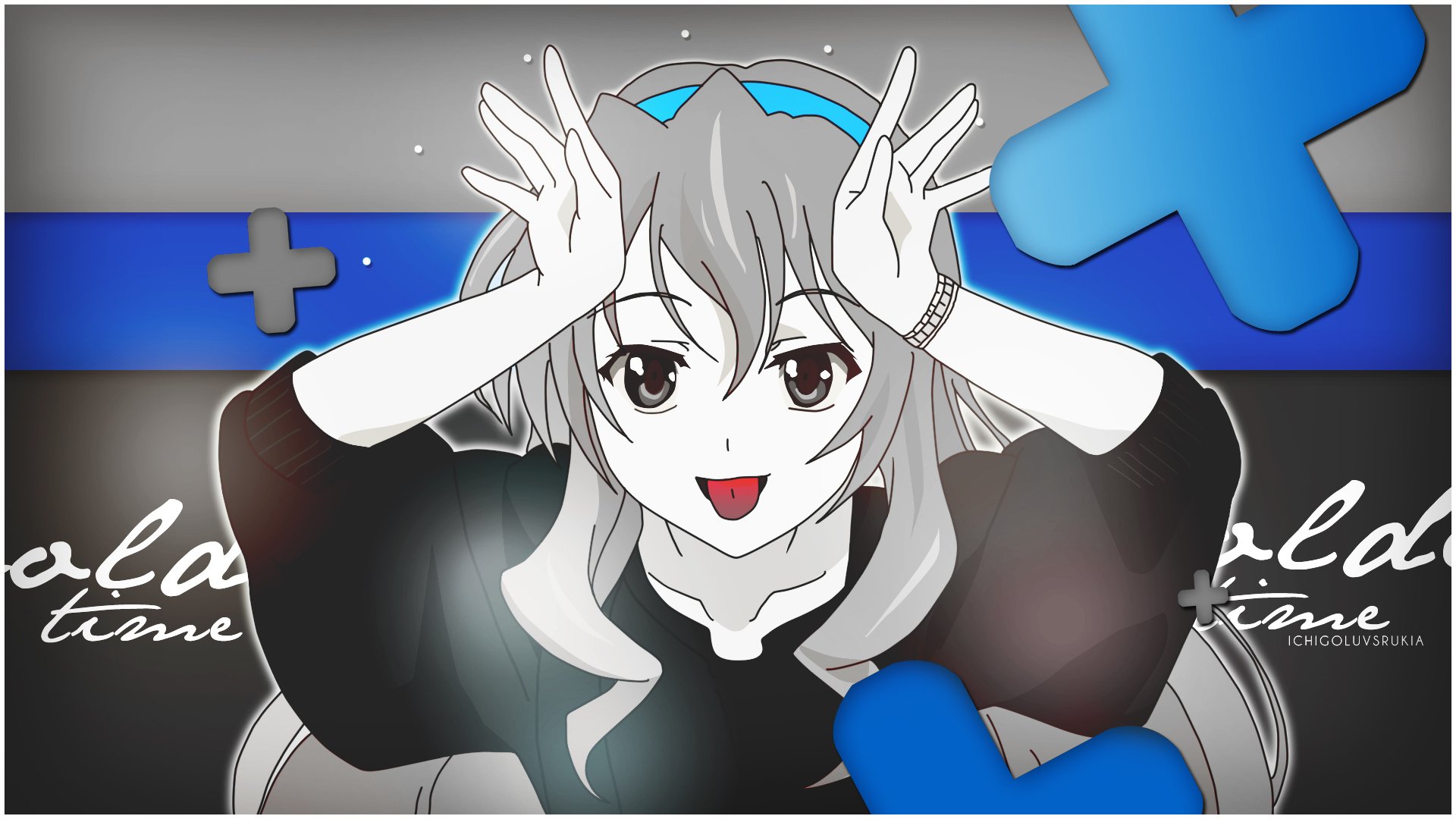Anime-style character from Golden Time with a playful expression, set against a monochrome background with blue gaming controller symbols, designed as an HD PC wallpaper.