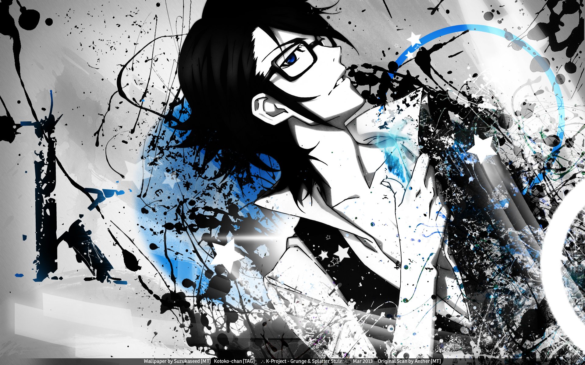 HD PC desktop wallpaper background of an anime (K Project) character: a black-haired, glasses-wearing young man in a white shirt amid blue and black paint splatters and abstract circular motifs.