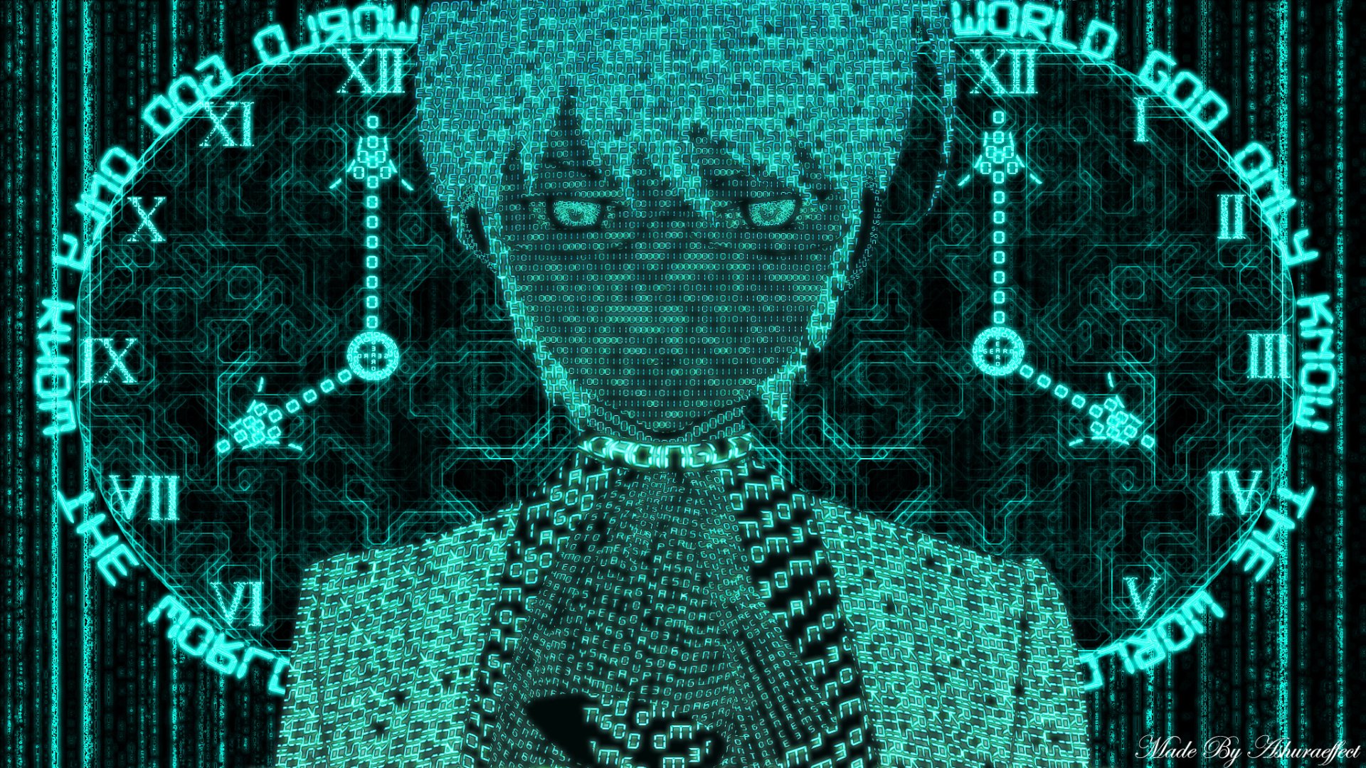 Keima Katsuragi from The World God Only Knows in a teal digital matrix with clock faces and circuitry — HD PC desktop wallpaper background, anime.
