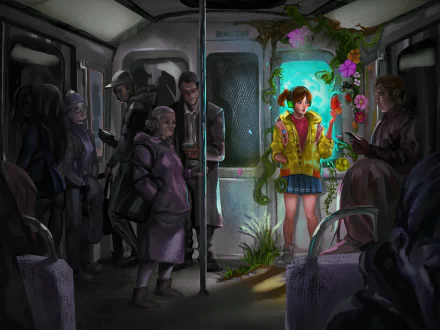 HD PC desktop wallpaper/background: fantasy subway scene with muted passengers and a glowing floral portal where a girl in a yellow coat stands among people.