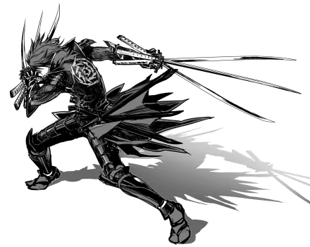 HD PC desktop wallpaper featuring an intense black and white anime-style warrior from Sengoku Basara, poised with multiple swords in dynamic action pose.