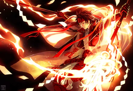 HD PC desktop wallpaper featuring a dynamic anime character from Sengoku Basara surrounded by fiery, glowing effects in an intense battle pose.
