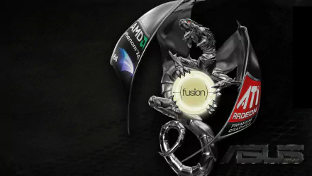 HD technology desktop wallpaper: Asus ROG Republic of Gamers helmet with a metallic dragon clutching a glowing 'Fusion' orb, AMD and ATI logos.