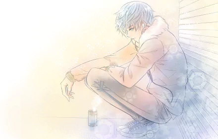 HD anime desktop wallpaper featuring Kaito from Vocaloid, depicted sitting thoughtfully against a softly lit background.