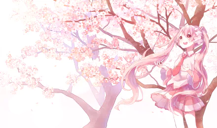 HD PC desktop wallpaper featuring Sakura Miku from Vocaloid, depicted in anime style with flowing pink hair and cherry blossoms in the background.