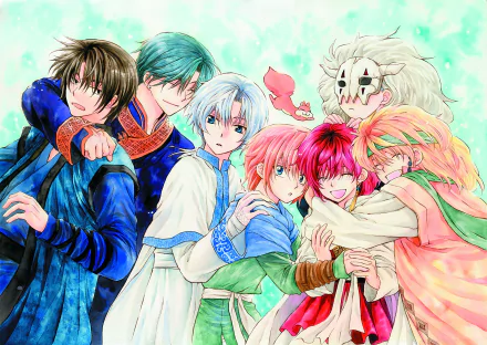 A colorful HD wallpaper featuring characters from Yona of the Dawn, including Yona, Hak, and the dragon warriors, showcasing their strong bonds and vibrant personalities.
