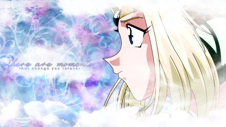 HD PC desktop wallpaper featuring an anime-style close-up of a blonde character from Slayers against a dreamy, cloudy purple and blue background.