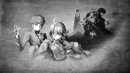 HD PC desktop wallpaper featuring grayscale characters from the anime Fate/Stay Night, showcasing detailed designs and dynamic poses against a textured background.