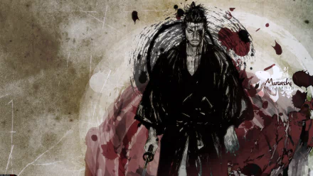 HD PC desktop wallpaper featuring an intense anime-style portrait of Musashi from Vagabond, set against an artistic, brush-stroke background with red and black tones.