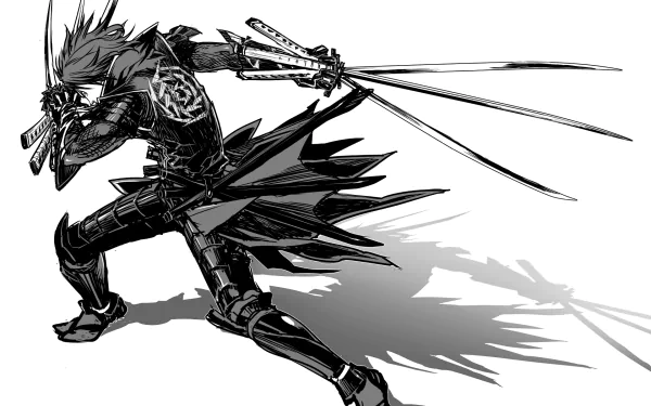 HD PC desktop wallpaper featuring an intense black and white anime-style warrior from Sengoku Basara, poised with multiple swords in dynamic action pose.