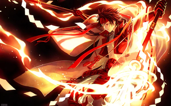 HD PC desktop wallpaper featuring a dynamic anime character from Sengoku Basara surrounded by fiery, glowing effects in an intense battle pose.