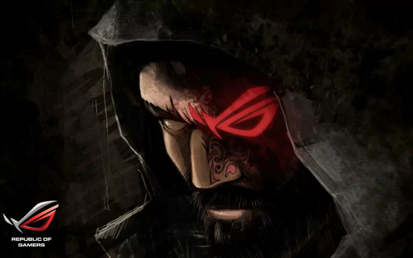 HD PC desktop wallpaper featuring a dark, hooded figure with a glowing red Asus ROG (Republic of Gamers) eye symbol, blending technology and gaming themes.