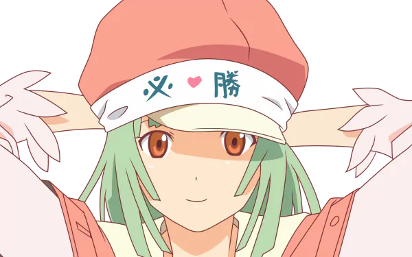 Nadeko Sengoku (Monogatari) anime 2K Quad HD desktop wallpaper: close-up of green-haired girl with orange eyes, pink cap and headband bearing kanji and a heart, smiling.