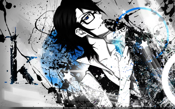 HD PC desktop wallpaper background of an anime (K Project) character: a black-haired, glasses-wearing young man in a white shirt amid blue and black paint splatters and abstract circular motifs.