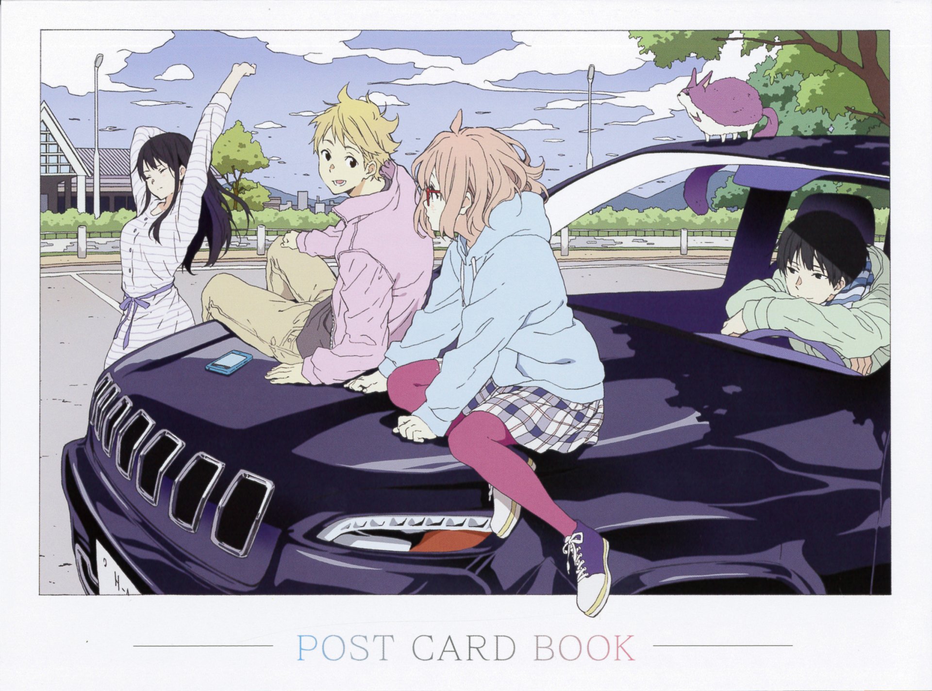 HD PC desktop wallpaper featuring anime characters from Beyond the Boundary sitting on and around a black car under a partly cloudy sky.