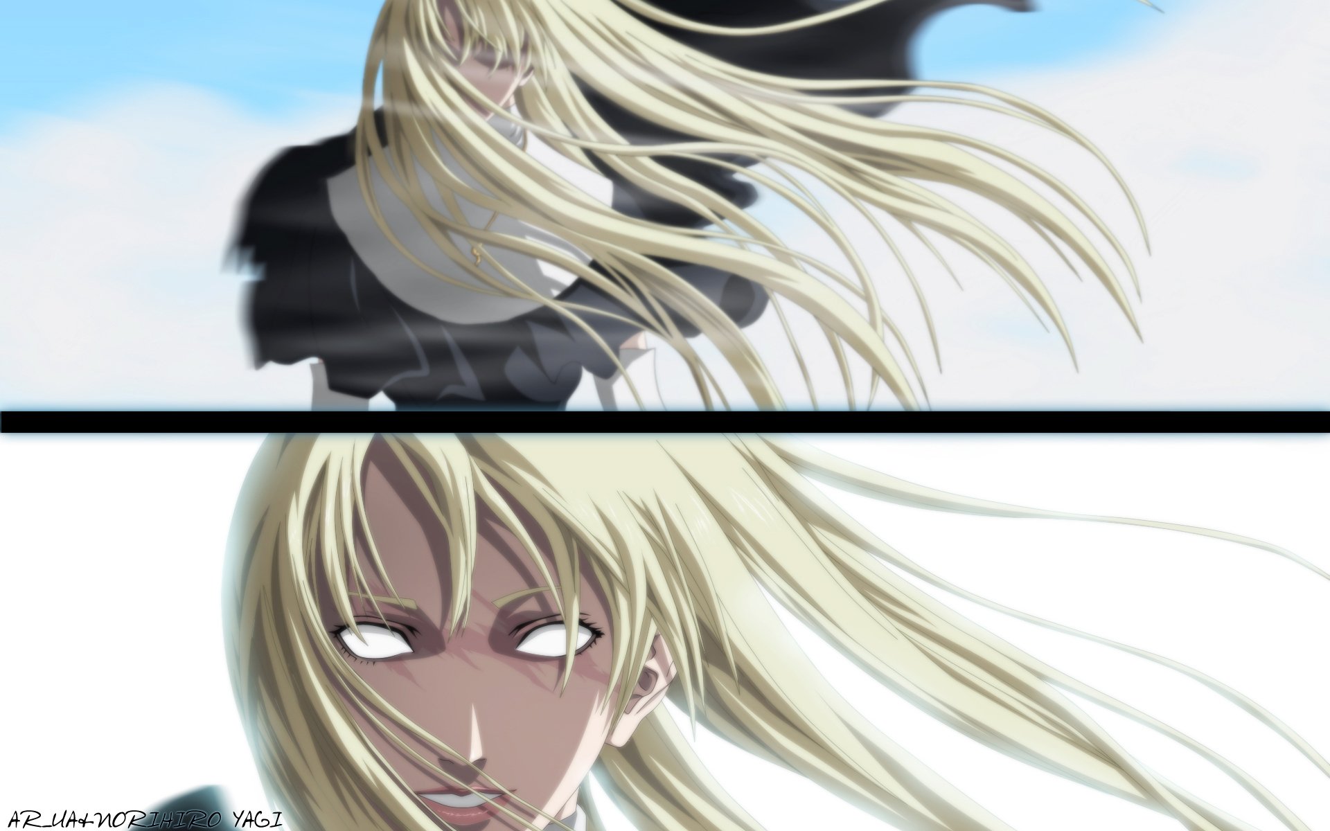 HD anime desktop wallpaper featuring Galatea from Claymore, showcasing her flowing blonde hair and intense gaze in a dynamic two-panel composition.