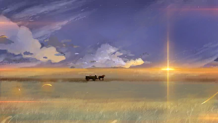 HD anime wallpaper featuring Kraft Lawrence and Holo from Spice & Wolf, set against a vast, peaceful landscape with a glowing sunset sky.