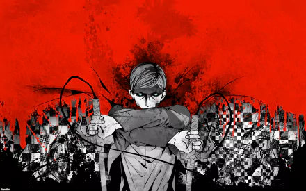 An HD wallpaper featuring Erwin Smith from the anime Attack on Titan, set against a striking red background with abstract designs, capturing the intensity of the character.