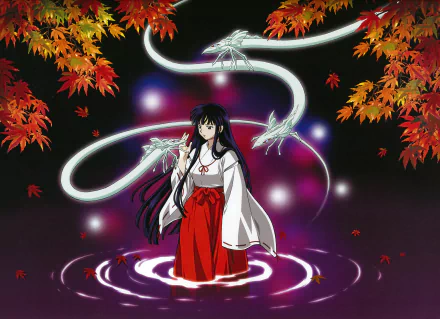 An enchanting InuYasha scene features a character in traditional attire surrounded by swirling ethereal dragons and vibrant autumn leaves, presented as a stunning 4K Ultra HD wallpaper.