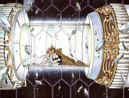 4K Ultra HD anime wallpaper featuring a scene from Tsubasa: Reservoir Chronicle with two characters inside a glass capsule against a cosmic, ornate mechanical background.