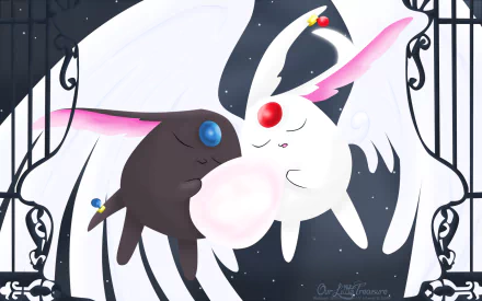 HD anime wallpaper featuring white and black Mokona creatures from Tsubasa: Reservoir Chronicle with soft pink and blue accents against a decorative frame background.