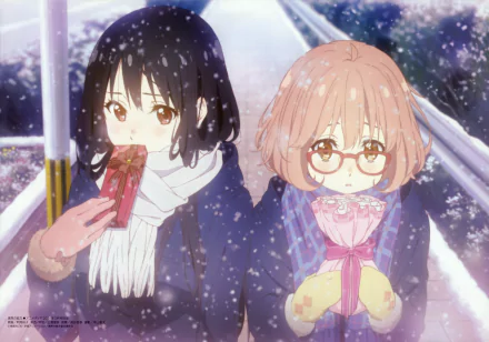 A serene anime scene from Beyond the Boundary, featuring two girls walking together in a snowy landscape, capturing their friendship amid delicate snowflakes. 4K Ultra HD wallpaper.