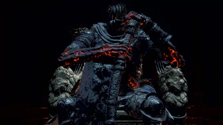 HD PC wallpaper featuring Yhorm the Giant from the video game Dark Souls III, showcasing a dark, fiery, and imposing fantasy character seated with a massive sword.