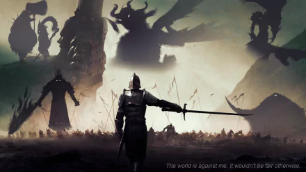 A captivating HD wallpaper inspired by Dark Souls, featuring a lone knight facing towering shadows of monstrous figures, evoking themes of struggle and defiance.