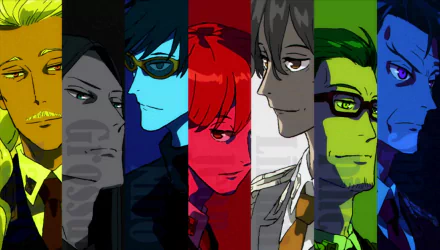HD PC desktop wallpaper featuring Payne, Pastice, Spade, Lilium, Groshular, Nino, and Jean Otus from the anime ACCA: 13-ku Kansatsu-ka.