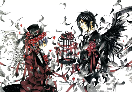 Anime-style 8K Ultra HD wallpaper featuring two Black Butler characters with contrasting black and white wings, surrounded by feathers and holding a birdcage.