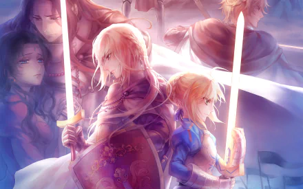 A vibrant HD wallpaper featuring characters Saber of Red, Bedivere, Gawain, and Berserker from the Fate series, showcasing epic swordplay amidst a dramatic anime backdrop.