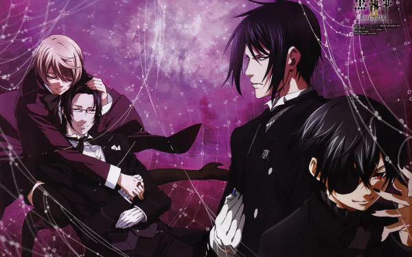 4K Ultra HD anime wallpaper featuring Alois Trancy, Claude Faustus, Sebastian Michaelis, and Ciel Phantomhive from Black Butler with a dramatic purple background.