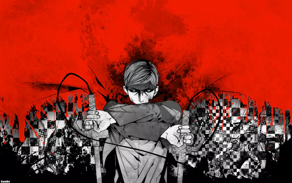 An HD wallpaper featuring Erwin Smith from the anime Attack on Titan, set against a striking red background with abstract designs, capturing the intensity of the character.
