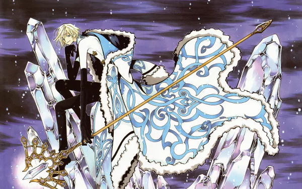 4K Ultra HD anime wallpaper featuring a character from Tsubasa: Reservoir Chronicle seated on a crystalline throne against a starry, purple-hued background.