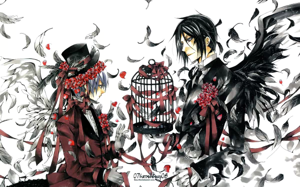 Anime-style 8K Ultra HD wallpaper featuring two Black Butler characters with contrasting black and white wings, surrounded by feathers and holding a birdcage.