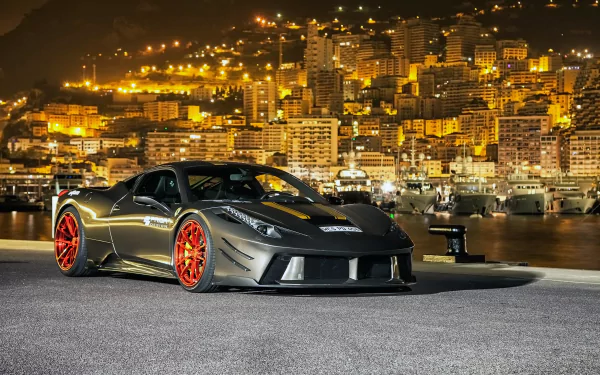 PRIOR-DESIGN Ferrari F458 Italia (Ferrari 458 Italia) with red rims parked by a harbor at night against a glowing city skyline — 2K Quad HD PC desktop wallpaper.
