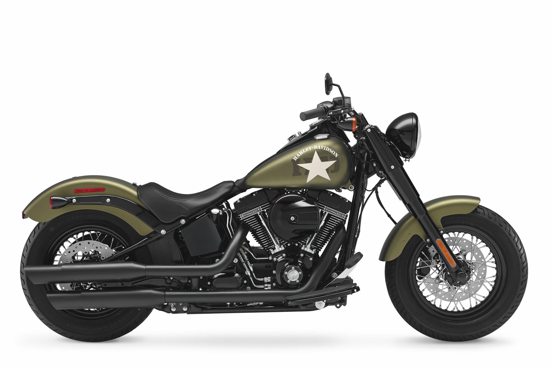 Military-green Harley-Davidson Softail Slim S motorcycle side profile on white background — HD PC desktop wallpaper/background featuring the Softail Slim vehicle.